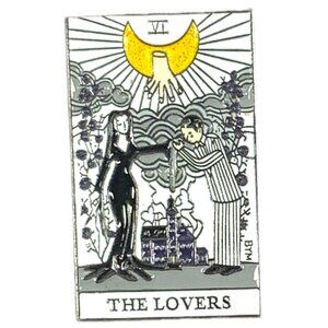The Lovers Tarot Card Glitter Enamel Pin Gunmetal Romantic Gomez Morticia Thing